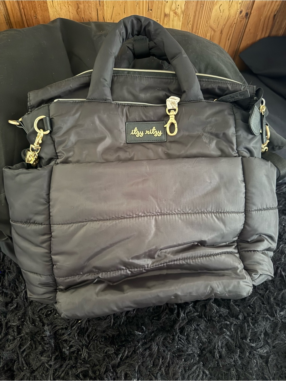 Itzy Ritzy Black Quilted Baby Tote with Gold Accents